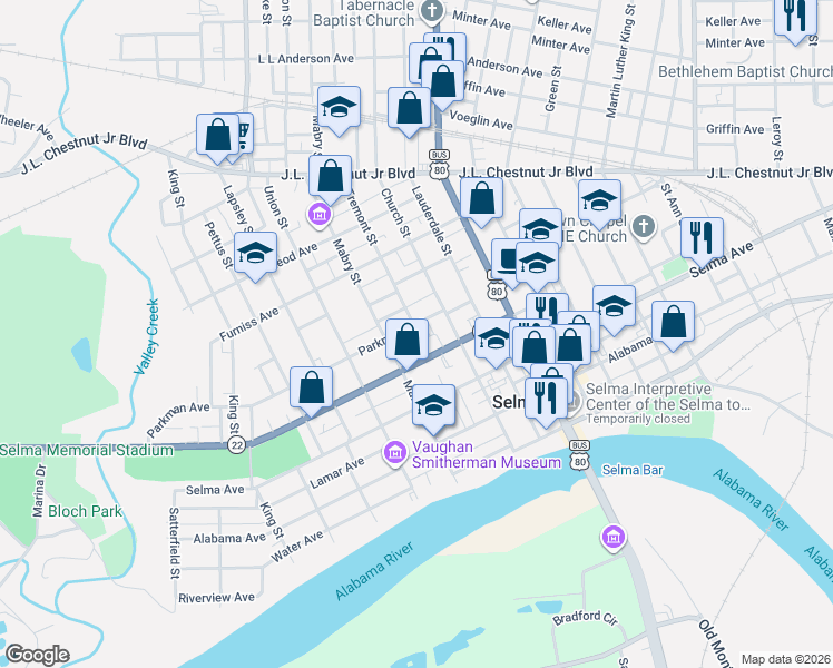 map of restaurants, bars, coffee shops, grocery stores, and more near 320 Mabry St in Selma