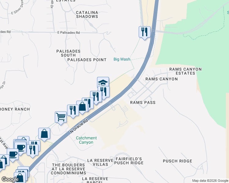 map of restaurants, bars, coffee shops, grocery stores, and more near 11177 North Oracle Road in Oro Valley