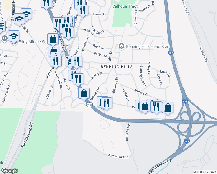 map of restaurants, bars, coffee shops, grocery stores, and more near 53 Engineer Drive in Columbus