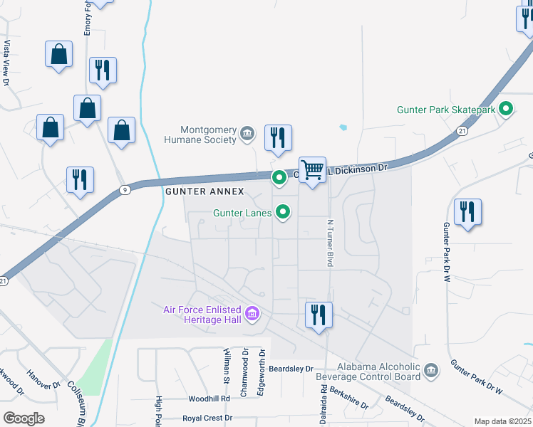 map of restaurants, bars, coffee shops, grocery stores, and more near 544 Smith Drive in Montgomery
