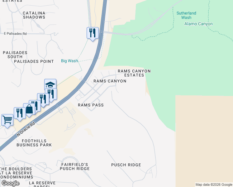 map of restaurants, bars, coffee shops, grocery stores, and more near 11215 North Flat Granite Drive in Tucson