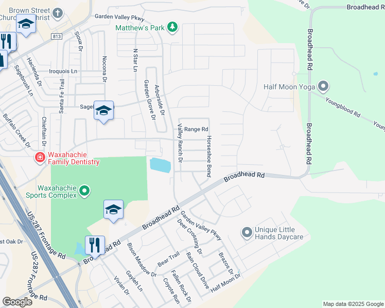 map of restaurants, bars, coffee shops, grocery stores, and more near 210 Stampede Street in Waxahachie