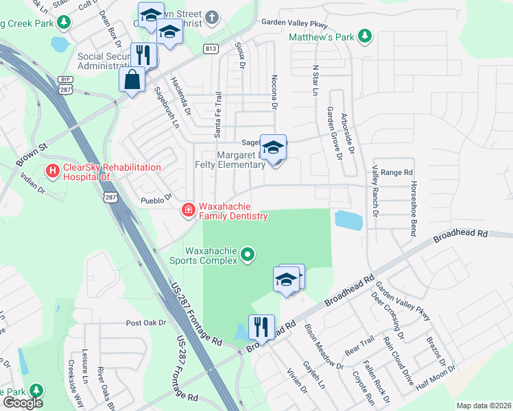 map of restaurants, bars, coffee shops, grocery stores, and more near 104 Atlantic Avenue in Waxahachie