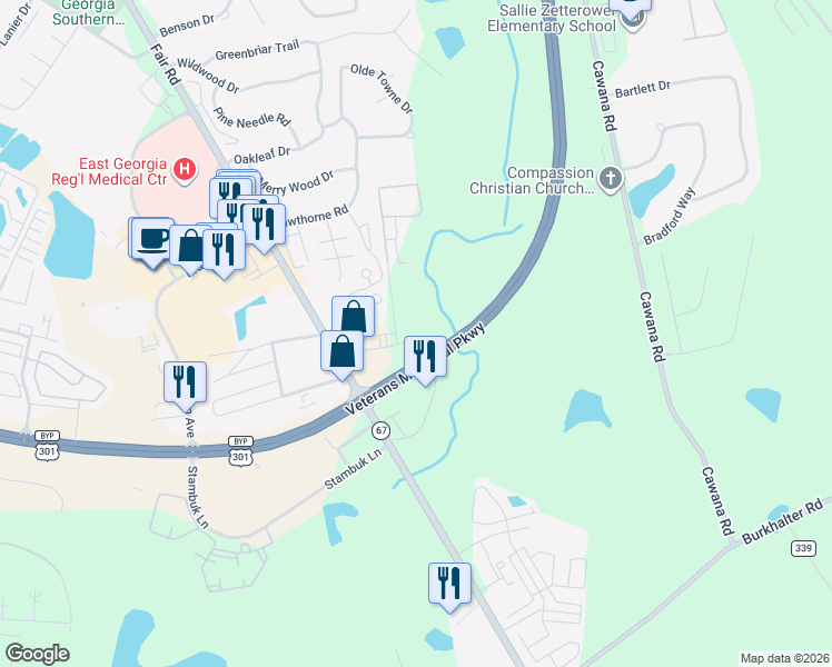 map of restaurants, bars, coffee shops, grocery stores, and more near 106 Briarwood Road in Statesboro