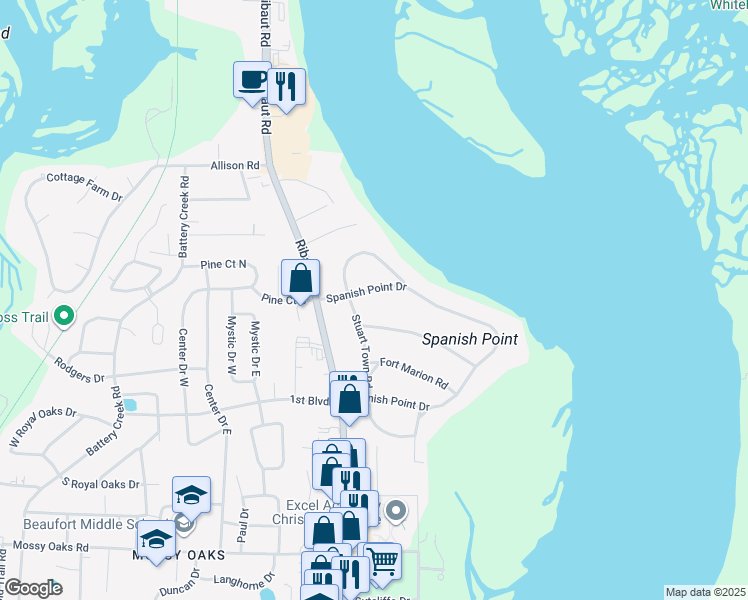 map of restaurants, bars, coffee shops, grocery stores, and more near 104 Fort Lyttleton Road in Beaufort