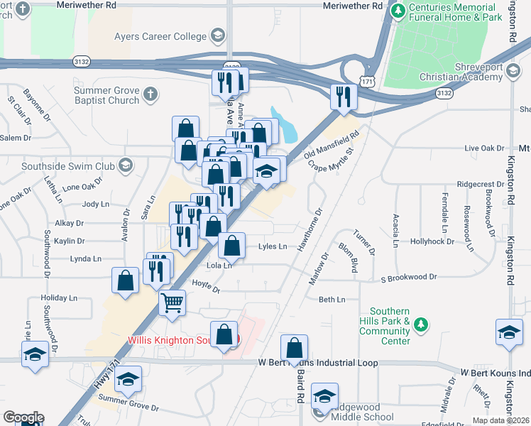 map of restaurants, bars, coffee shops, grocery stores, and more near 9002 Cluster Drive in Shreveport