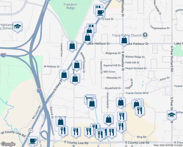 map of restaurants, bars, coffee shops, grocery stores, and more near 637 Ralde Cir in Ridgeland