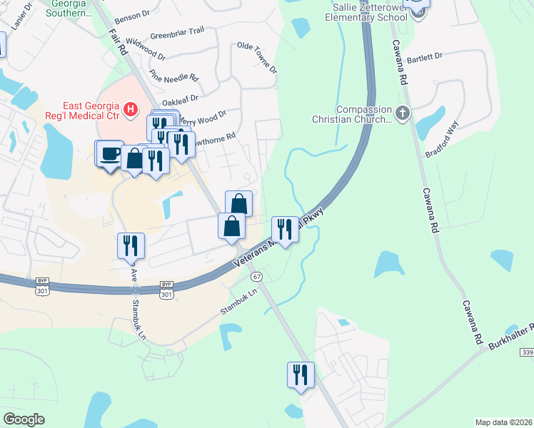 map of restaurants, bars, coffee shops, grocery stores, and more near 106 Briarwood Road in Statesboro