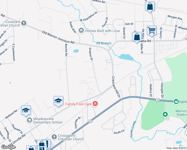 map of restaurants, bars, coffee shops, grocery stores, and more near 397 Drayton Drive in Selma