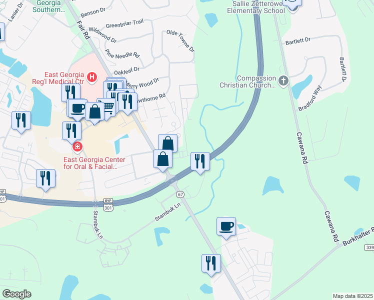 map of restaurants, bars, coffee shops, grocery stores, and more near 106 Briarwood Road in Statesboro