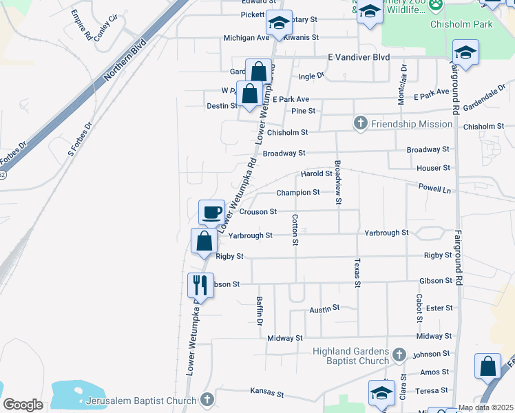 map of restaurants, bars, coffee shops, grocery stores, and more near 1645 North Yarbrough Court in Montgomery
