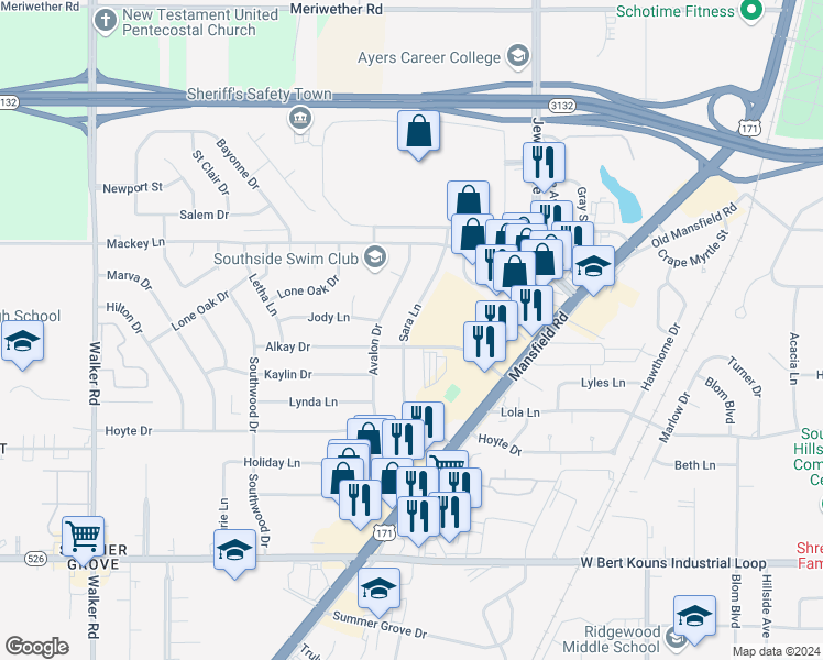 map of restaurants, bars, coffee shops, grocery stores, and more near 9037 Sara Lane in Shreveport