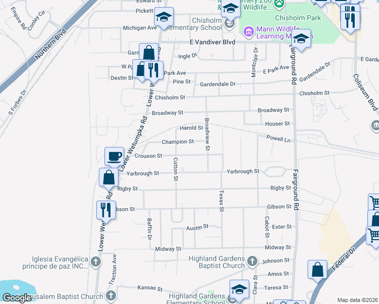 map of restaurants, bars, coffee shops, grocery stores, and more near 1722 Crouson St in Montgomery