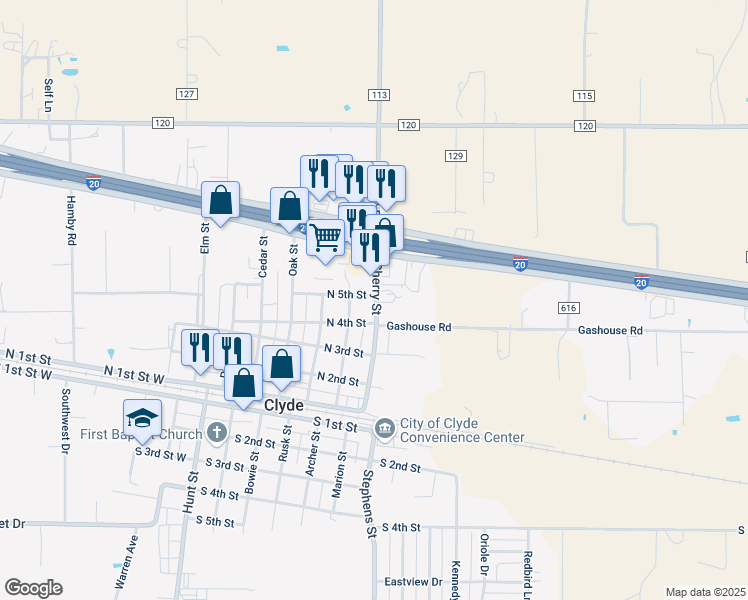 map of restaurants, bars, coffee shops, grocery stores, and more near 512 Cherry Street in Clyde