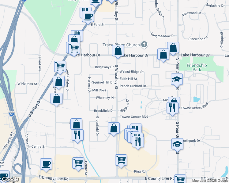 map of restaurants, bars, coffee shops, grocery stores, and more near 609 South Wheatley Street in Ridgeland