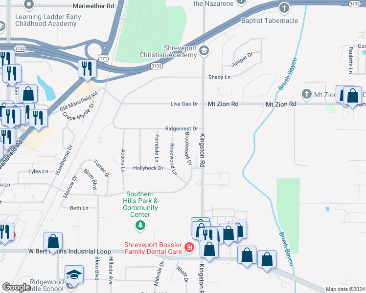 map of restaurants, bars, coffee shops, grocery stores, and more near 8912 Brookwood Drive in Shreveport