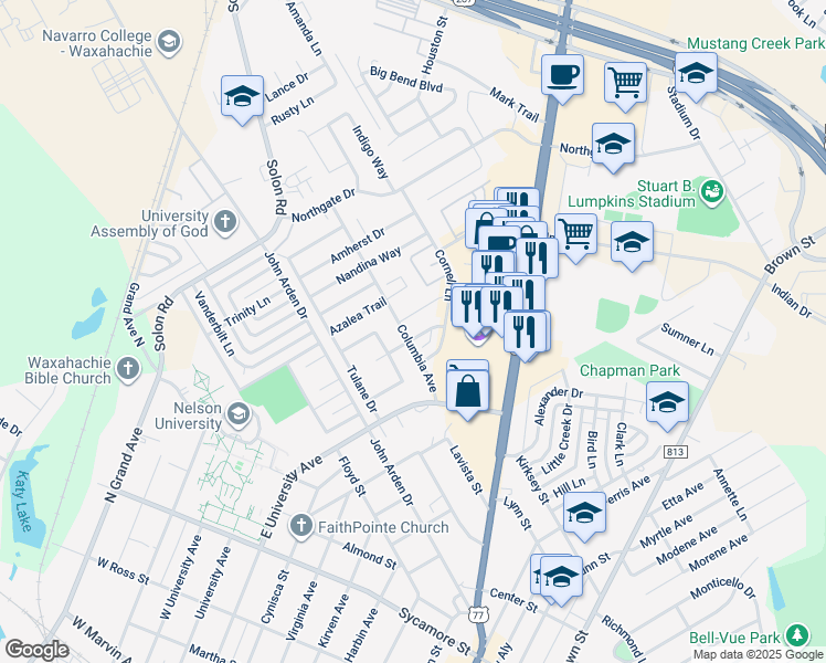 map of restaurants, bars, coffee shops, grocery stores, and more near 803 Purdue Drive in Waxahachie