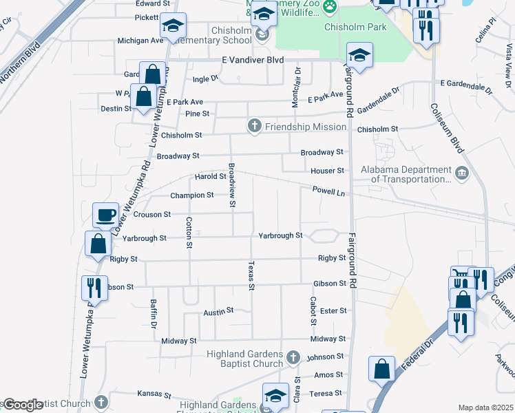 map of restaurants, bars, coffee shops, grocery stores, and more near 3408 Texas Street in Montgomery