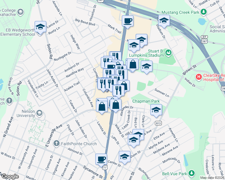 map of restaurants, bars, coffee shops, grocery stores, and more near 1100 Dallas Highway in Waxahachie