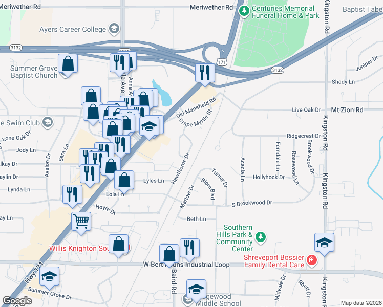 map of restaurants, bars, coffee shops, grocery stores, and more near 8918 Hawthorne Drive in Shreveport