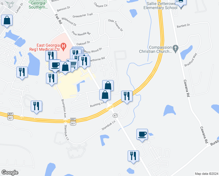 map of restaurants, bars, coffee shops, grocery stores, and more near 5 Sagebrush Apartments in Statesboro
