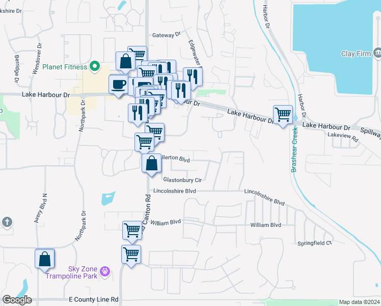 map of restaurants, bars, coffee shops, grocery stores, and more near 805 Sussex Street in Ridgeland