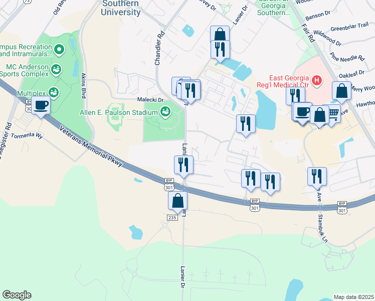 map of restaurants, bars, coffee shops, grocery stores, and more near 210 Lanier Drive in Statesboro