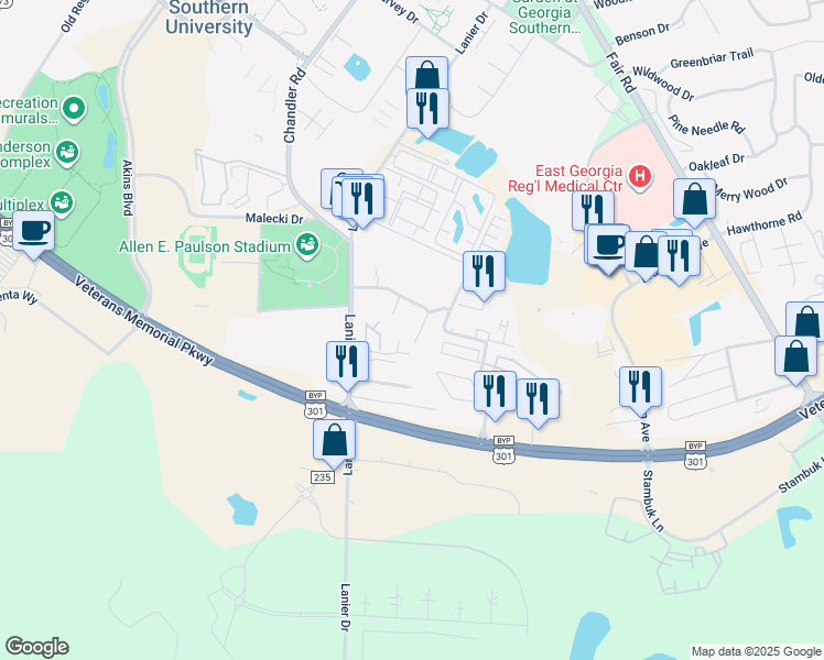 map of restaurants, bars, coffee shops, grocery stores, and more near 820 Robin Hood Trail in Statesboro