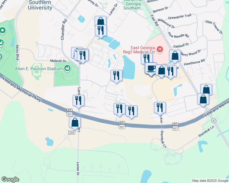 map of restaurants, bars, coffee shops, grocery stores, and more near Statesboro Place Circle in Statesboro