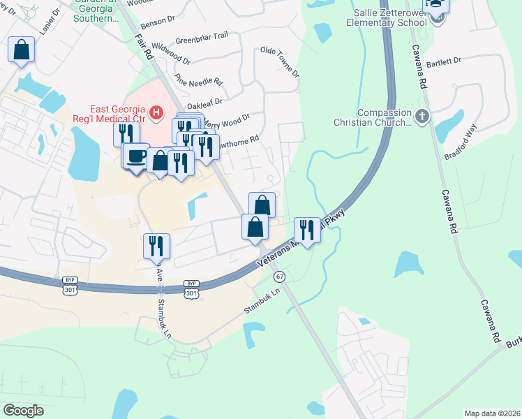 map of restaurants, bars, coffee shops, grocery stores, and more near 19 Sagebrush Apartments in Statesboro