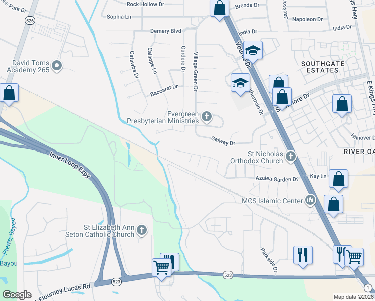 map of restaurants, bars, coffee shops, grocery stores, and more near 1030 Azalea Garden Drive in Shreveport