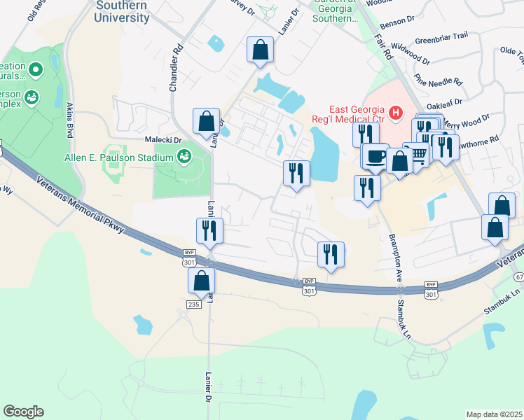 map of restaurants, bars, coffee shops, grocery stores, and more near 819 Robin Hood Trail in Statesboro