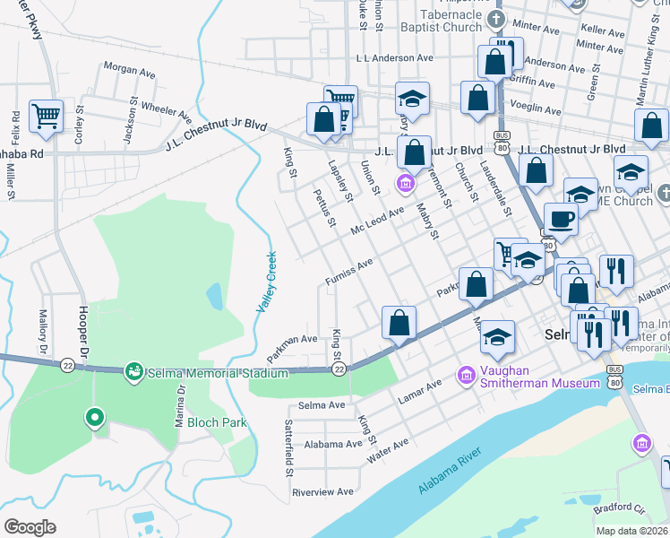 map of restaurants, bars, coffee shops, grocery stores, and more near 615 Pettus St in Selma