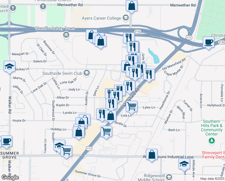 map of restaurants, bars, coffee shops, grocery stores, and more near in Shreveport