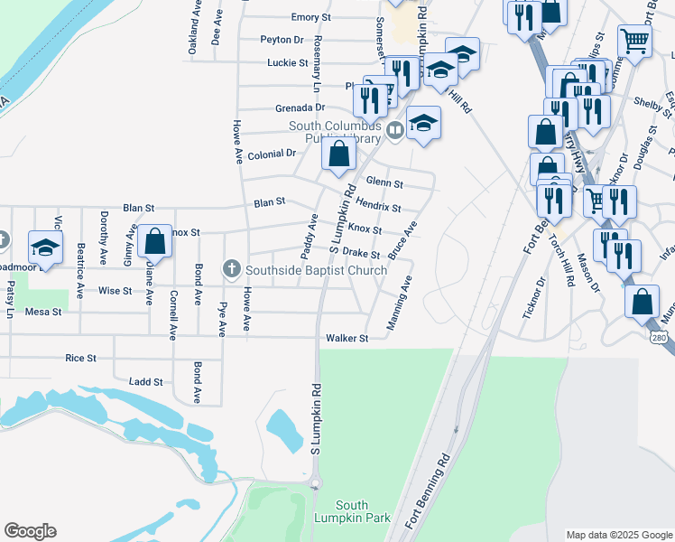 map of restaurants, bars, coffee shops, grocery stores, and more near 2348 South Lumpkin Road in Columbus