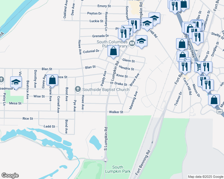 map of restaurants, bars, coffee shops, grocery stores, and more near 2348 South Lumpkin Road in Columbus