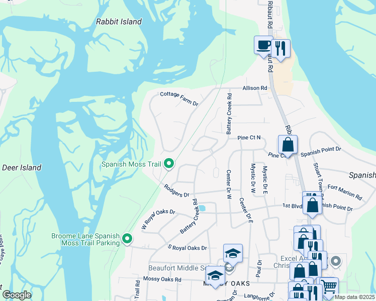 map of restaurants, bars, coffee shops, grocery stores, and more near 2624 Joshua Circle in Beaufort