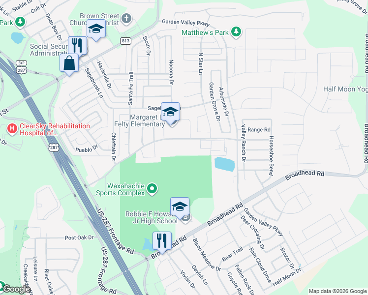 map of restaurants, bars, coffee shops, grocery stores, and more near 240 Park Place Boulevard in Waxahachie