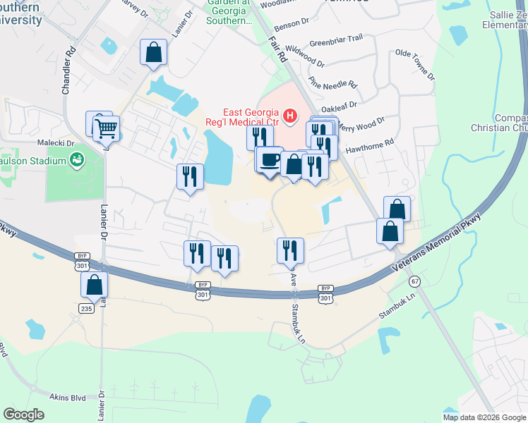 map of restaurants, bars, coffee shops, grocery stores, and more near 1200 Brampton Avenue in Statesboro