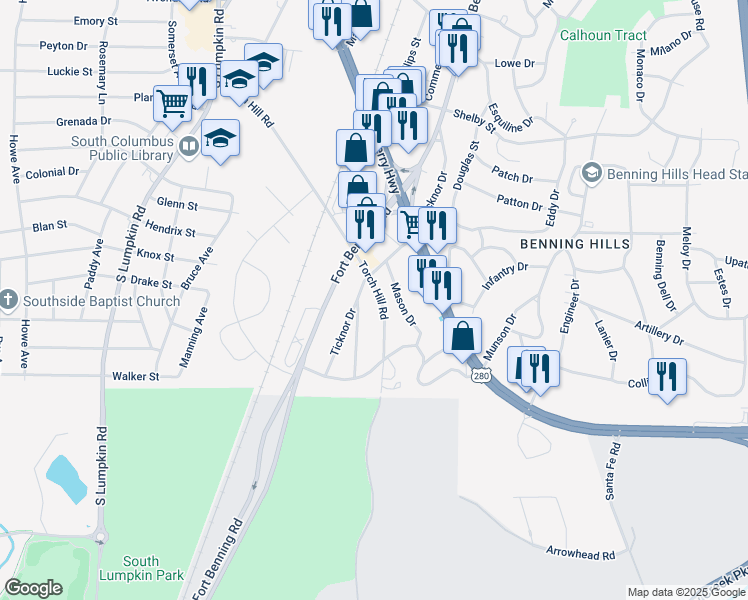map of restaurants, bars, coffee shops, grocery stores, and more near 125 Torch Hill Road in Columbus