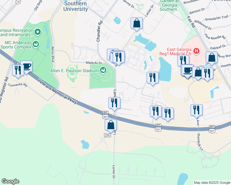 map of restaurants, bars, coffee shops, grocery stores, and more near 210 Lanier Drive in Statesboro