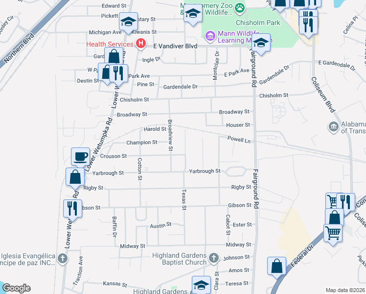 map of restaurants, bars, coffee shops, grocery stores, and more near 3431 Texas Street in Montgomery