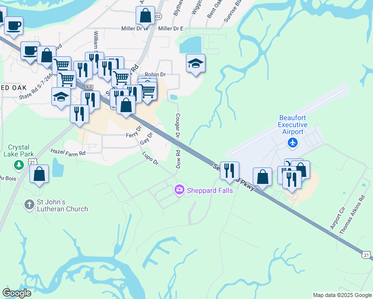 map of restaurants, bars, coffee shops, grocery stores, and more near 84 Sea Island Parkway in Beaufort