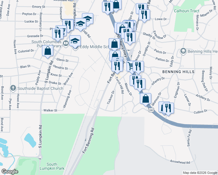 map of restaurants, bars, coffee shops, grocery stores, and more near 2318 Fort Benning Road in Columbus