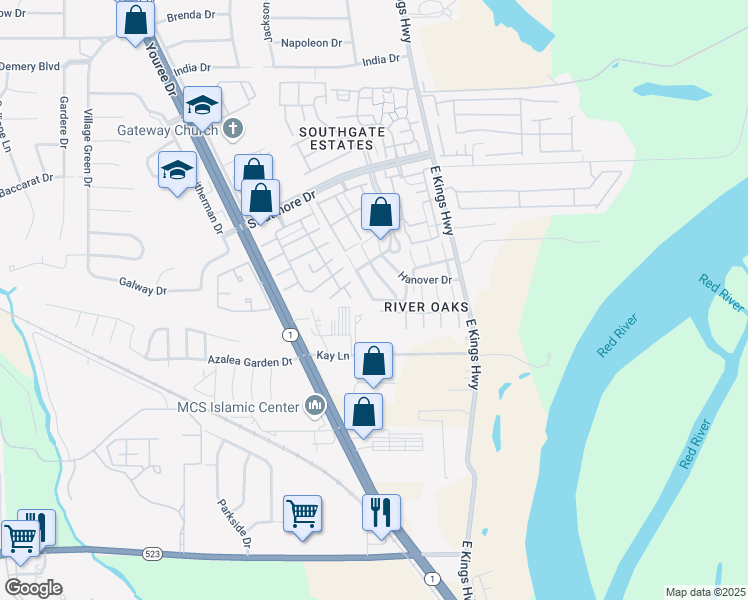 map of restaurants, bars, coffee shops, grocery stores, and more near 6000 Doug Attaway Boulevard in Shreveport