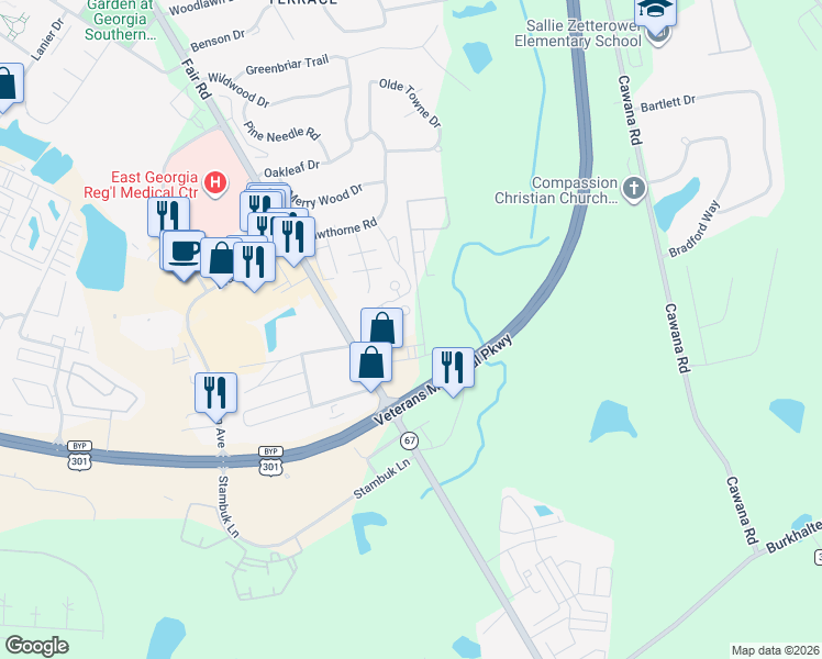 map of restaurants, bars, coffee shops, grocery stores, and more near 133 West Treatment Plant Road in Statesboro