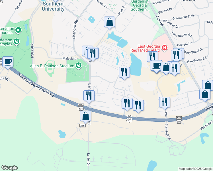 map of restaurants, bars, coffee shops, grocery stores, and more near 818 Robin Hood Trail in Statesboro