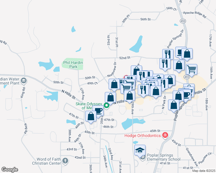 map of restaurants, bars, coffee shops, grocery stores, and more near 4905 Shumate Road in Meridian