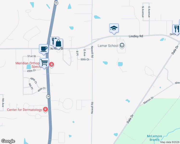 map of restaurants, bars, coffee shops, grocery stores, and more near 4905 Newell Rd in Meridian