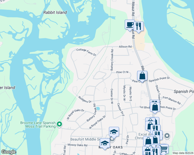 map of restaurants, bars, coffee shops, grocery stores, and more near 2683 Joshua Circle in Beaufort